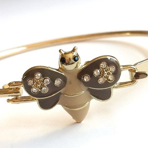Bumble Bee Bangle Bracelet 8" Crystal Beige Enamel Gold Plated Charm - Picture 6 of 12